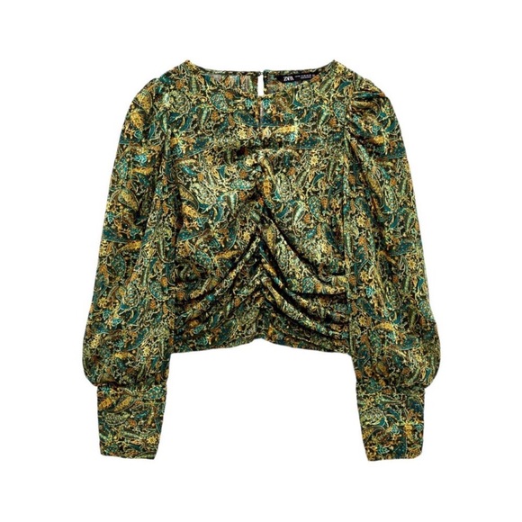 Zara Women's Ruched Long Sleeve Paisley Cropped Blouse Small Green Boho - Picture 1 of 9